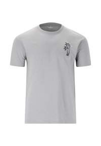 Harmaa lyhythihainen t-paita, joka on valmistettu pehmeästä puuvillasta, ja jossa on tummansininen palmun brodeeraus vasemmassa rinnassa. Klassinen pyöreä kaula-aukko.