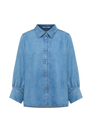 Hellblaues Jeans-Hemd mit Knopfleiste, spitzem Kragen und dreiviertellangen, gepufften Ärmeln, die in breite Manschetten enden.