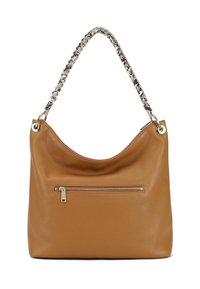 Borsa a tracolla in pelle color tan con una consistenza morbida, una silhouette curvata, una tracolla a catena e una tasca frontale con zipper e dettagli in oro.
