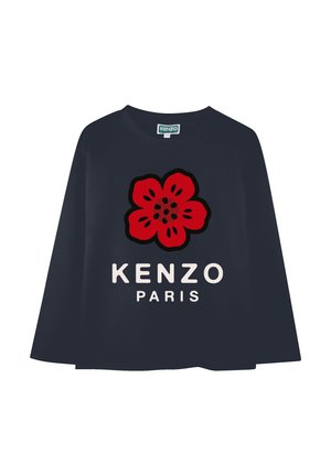 T-shirt à manches longues bleu marine mettant en avant un grand graphisme de fleur rouge et le texte "KENZO PARIS", fabriqué en tissu doux avec une coupe décontractée.