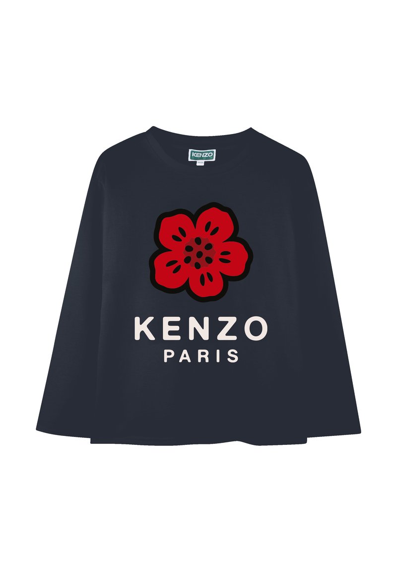 Marineblauwe T-shirt met lange mouwen, voorzien van een grote rode bloemenafbeelding en de tekst "KENZO PARIS", gemaakt van zachte stof met een ontspannen pasvorm.