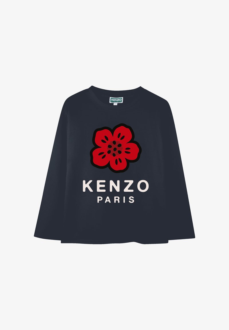 Marineblauwe T-shirt met lange mouwen, voorzien van een grote rode bloemenafbeelding en de tekst "KENZO PARIS", gemaakt van zachte stof met een ontspannen pasvorm.