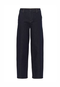 Donkerblauwe denim broek met brede pijpen, hoge taille, schone voornaad en gele stiksels. Het ontwerp bevat geen zichtbare hardware.