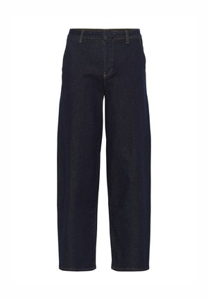 Pantalons destockés en denim bleu foncé à jambe large, présentant une taille haute, des coutures avant épurées et des surpiqûres jaunes. Le design ne comprend aucun matériel visible.