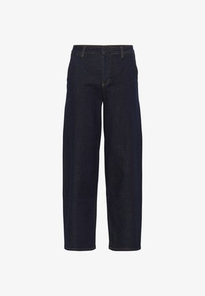 Mörkblå denim byxor med vida ben, hög midja, rena fram sömmar och gula sömmar. Designen har ingen synlig hårdvara.