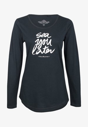Long-sleeve, dark blue cotton t-shirt with a scoop neckline. Features white text "sea you later" in a casual brushstroke font.