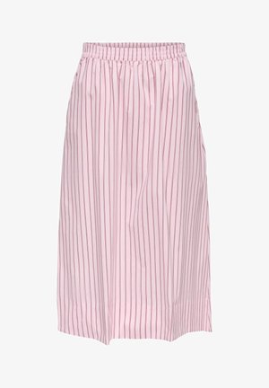 Roze midirok met verticale dunne rode strepen en elastische tailleband.