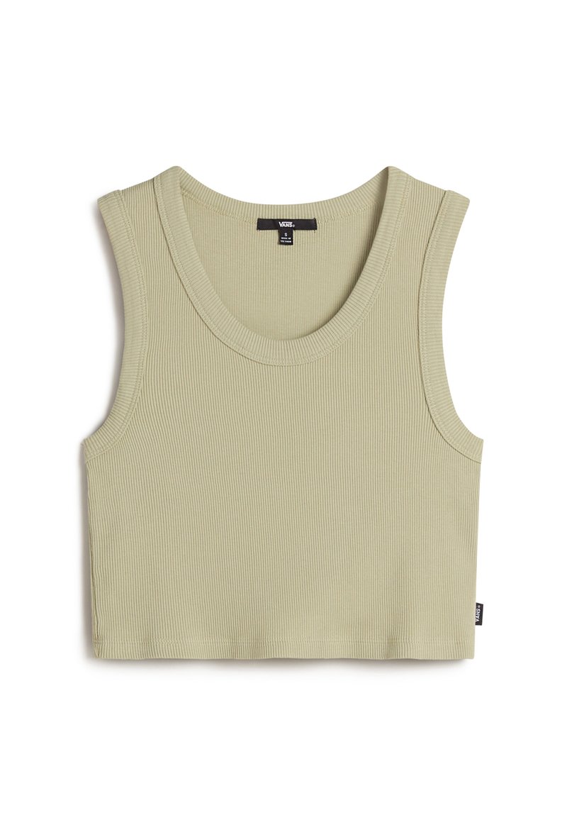 Vaaleanvihreä raidallinen tanktoppi, jossa on leveä kaula-aukko ja käsiaukot, ja joka on lyhennetty siluetti, jossa on pieni sivulappu.