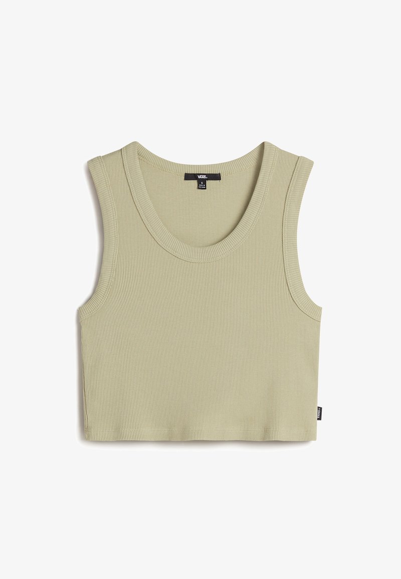Hellgrünes, geripptes Tanktop mit weitem Ausschnitt und großen Armausschnitten, das eine cropped Silhouette aufweist und mit einem kleinen seitlichen Etikett versehen ist.
