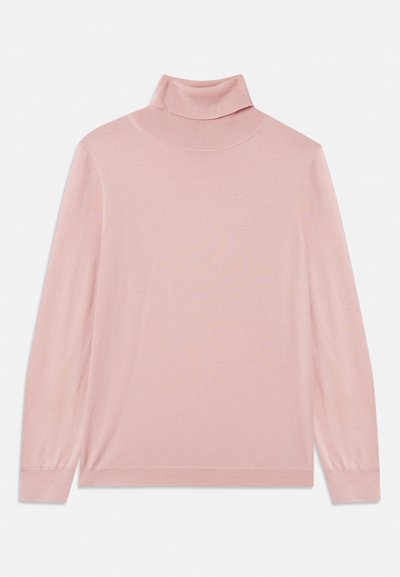 Maglioncino a collo alto di colore rosa chiaro realizzato in un tessuto morbido e liscio. Presenta maniche lunghe e un colletto a coste. Design classico e minimalista.