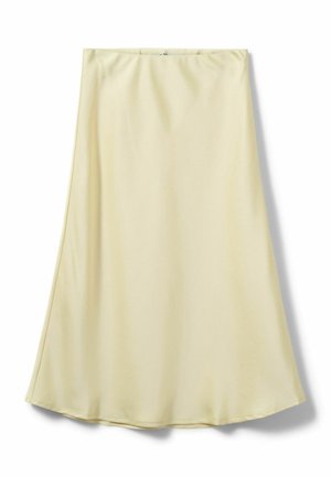 Kremfarvet, knælang A-formet nederdel med glat stof og diskrete syninger langs kanten, vist på en hvid baggrund.