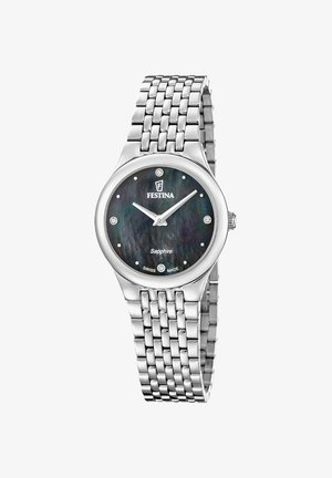 Sølv Festina armbåndsur med sort perlemorsskive, krystaltimemarkører og sammenkædet metalarmbånd, der viser klokken 10:10.