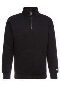 Zwarte fleece pullover sweatshirt met hoge kraag, rits tot de helft, een voorste kangaroo-zak en geribbelde manchetten. Gouden logo-accent op de mouw.