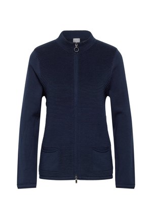 Navy blue zip-up cardigan with ribbed texture on front, two front pockets, and a ring pull zipper, featuring long sleeves and a short collar.