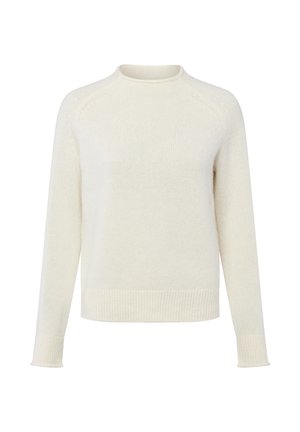 Light beige knit sweater with a crew neckline, long raglan sleeves, ribbed cuffs and hem, soft texture, and a relaxed fit.