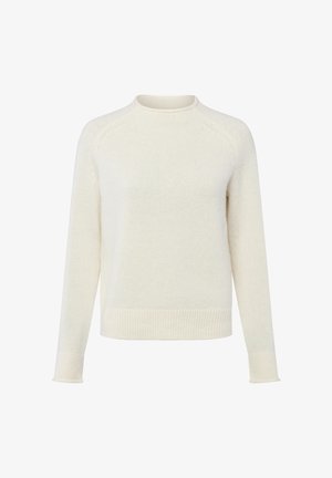 Lichtbeige gebreide trui met een ronde hals, lange raglanmouwen, geribbelde manchetten en zoom, zachte textuur en een ontspannen pasvorm.