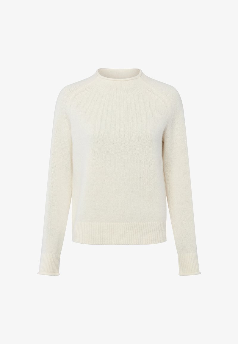 Lichtbeige gebreide trui met een ronde hals, lange raglanmouwen, geribbelde manchetten en zoom, zachte textuur en een ontspannen pasvorm.