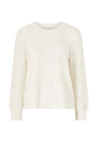 Haut à manches longues blanc en tissu brodé à œillets, avec un col rond, des motifs en forme de losange et des manches froncées avec des poignets ajustés.