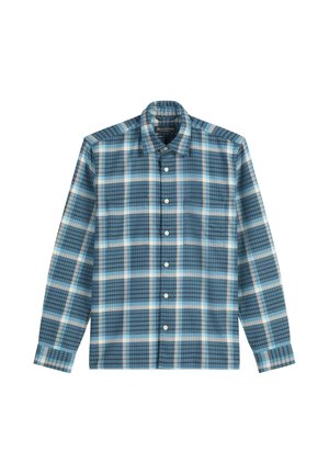 Koszula w kratę z długim rękawem w odcieniach niebieskiego, szarego i białego, z kołnierzykiem na guziki i przednią kieszenią z białymi guzikami.