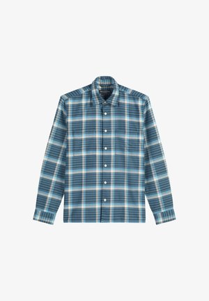Koszula w kratę z długim rękawem w odcieniach niebieskiego, szarego i białego, z kołnierzykiem na guziki i przednią kieszenią z białymi guzikami.