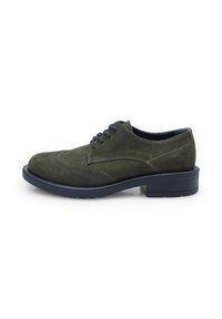 Pantofi din suede verde închis, cu vârf rotunjit, design cu șireturi și talpă albastră închisă. Prezintă detalii de cusătură subtile pe partea superioară.