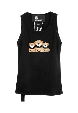 Top negro sin mangas con tres perros marrones bordados con collares negros centrados en el pecho, con etiqueta interior que dice "MOD WAVE MOVEMENT".