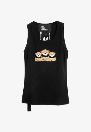 Top negro sin mangas con tres perros marrones bordados con collares negros centrados en el pecho, con etiqueta interior que dice "MOD WAVE MOVEMENT".