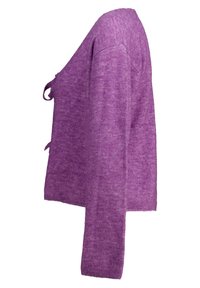 Purple knitted sweater with a loose fit, featuring a tied front detail, long sleeves, and a soft, textured finish.