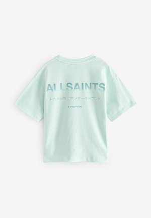 Minttivihreä lyhythihainen t-paita, jossa pyöreä kaula-aukko ja sinisellä painettu graafinen teksti: "ALLSAINTS" ja "LONDON" takana. Pehmeää puuvillamateriaalia.