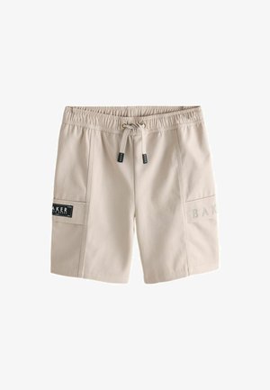 Beige cargoshorts med elastisk talje, snøre, to sidelommer og "BAKER" logo på venstre ben. Glat tekstur.