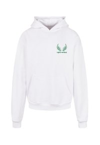 Weißer Hoodie aus Baumwolle. Verfügt über eine Kängurutasche, gerippte Bündchen und Saum. Inklusive grünem Flügel-Logo auf der linken Brustseite.