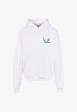 Weißer Hoodie aus Baumwolle. Verfügt über eine Kängurutasche, gerippte Bündchen und Saum. Inklusive grünem Flügel-Logo auf der linken Brustseite.