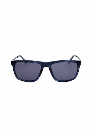 Occhiali da sole con montatura rettangolare blu scuro, lenti scure, aste dritte e leggera lucentezza sulla montatura.