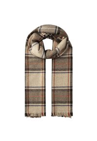 Écharpe en laine beige avec un large motif à carreaux en bandes marron, bleu et rouge, avec des franges aux extrémités, pliée en boucle.