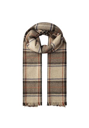 Écharpe en laine beige avec un large motif à carreaux en bandes marron, bleu et rouge, avec des franges aux extrémités, pliée en boucle.