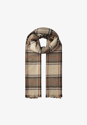 Écharpe en laine beige avec un large motif à carreaux en bandes marron, bleu et rouge, avec des franges aux extrémités, pliée en boucle.