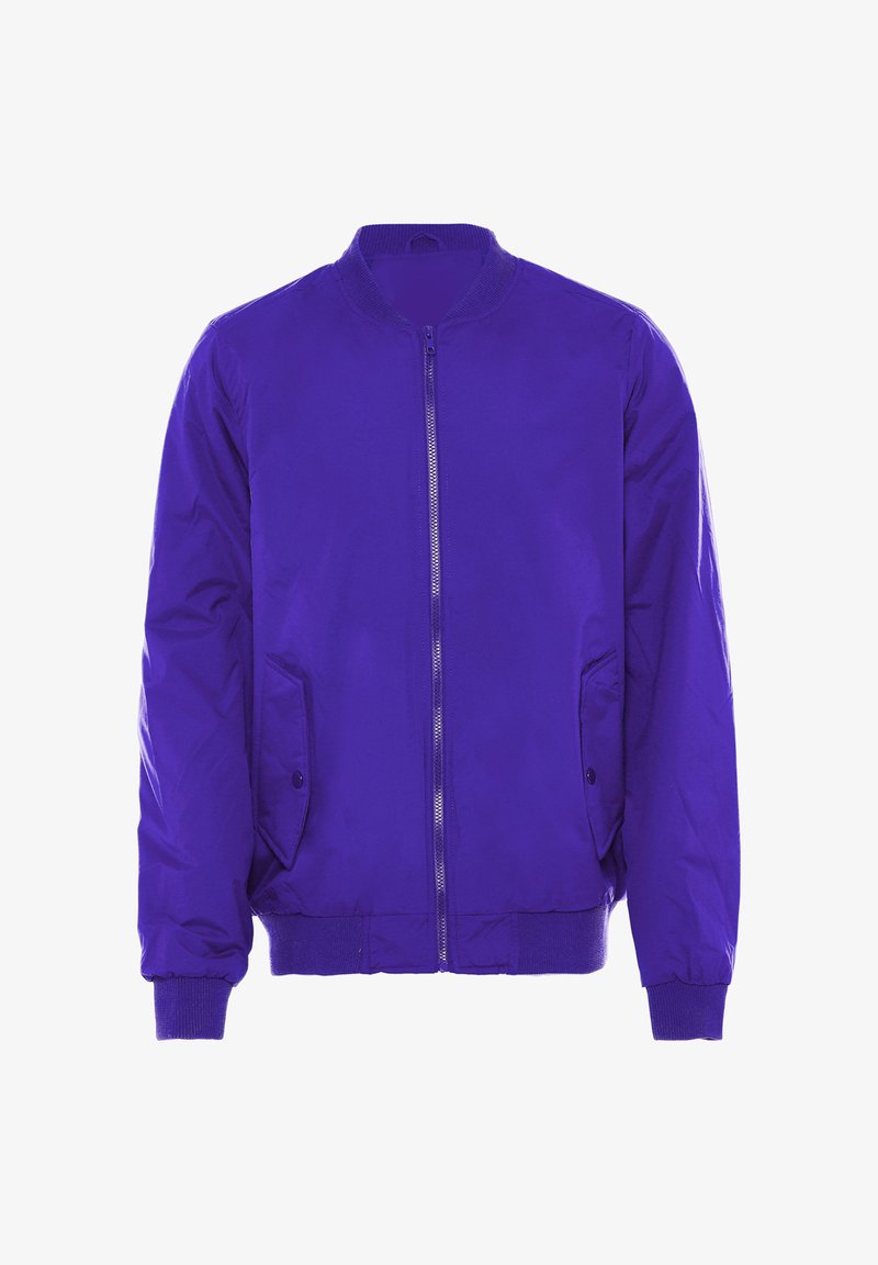 Giacca bomber viola con zip frontale, colletto a costine, polsini elasticizzati e due tasche laterali. Realizzata in tessuto leggero e morbido.