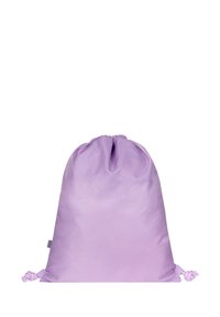 Fioletowy worek ze sznurkiem wykonany z gładkiego, wytrzymałego materiału. Posiada zawiązane końce do zamknięcia. Prosty design, bez dodatkowych wzorów czy akcesoriów.