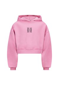 Felpa rosa tagliata in tessuto morbido, con logo nero sul petto e polsini aderenti. Texture liscia con cappuccio e vestibilità comoda.