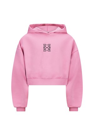 Gekürzter pinkfarbener Hoodie aus weichem Stoff, mit einem schwarzen Logo auf der Brust und schmalen Bündchen. Glatte Textur mit Kapuze und bequemem Sitz.