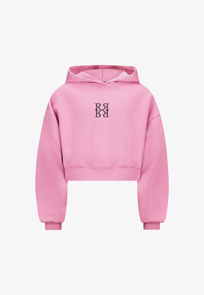 Felpa rosa tagliata in tessuto morbido, con logo nero sul petto e polsini aderenti. Texture liscia con cappuccio e vestibilità comoda.