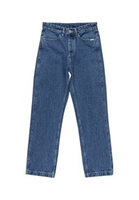 Jeans in denim blu a vita alta con un taglio dritto, caratterizzati da un classico design a cinque tasche e una chiusura con bottone e zip.
