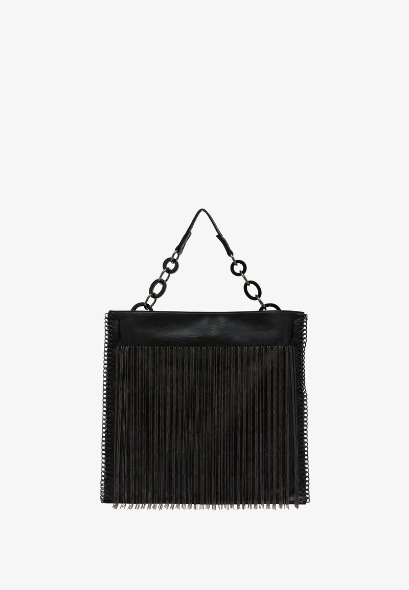 Sort håndtaske med frynse detaljer, cirkulær kæde-håndtag og en struktureret form. Har en glat læderfinish og en lynlåslukning i toppen.
