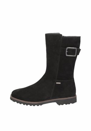 Black mid-calf suede boot with a side buckle and low ridged rubber sole, shown from the outer side on a white background.