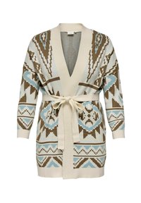 Bež pleteni kardigan z rjavimi in svetlo modrimi geometrijskimi vzorci, dolgimi rokavi, rebrastim ovratnikom in zavezanim pasom.