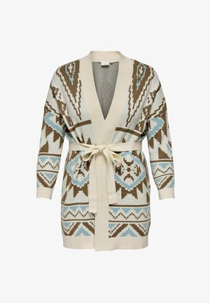 Bežs adīts kardigāns ar brūniem un gaiši zilām ģeometriskām rakstām, garām piedurknēm, ribotām apkaklēm un ar saistītu jostu viduklī.