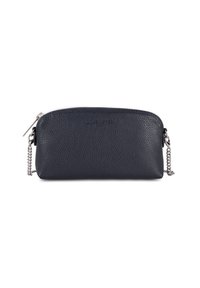 Sacchetto in pelle blu scuro con superficie texture, accentato da una catena argentata e chiusura con zip. Design compatto e rettangolare.