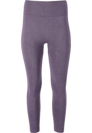 Purple leggings made of soft fabric, featuring a wide, ribbed waistband and a fitted design. Smooth texture with no visible patterns.