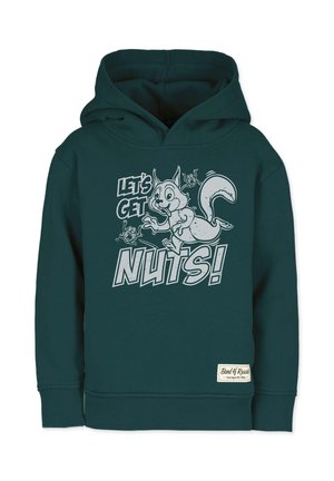 Sweat à capuche vert foncé avec un écureuil de dessin animé poursuivant deux grenouilles et le texte « DÉCHAÎNONS-NOUS ! » imprimé sur le devant, avec poignets et taille côtelés.