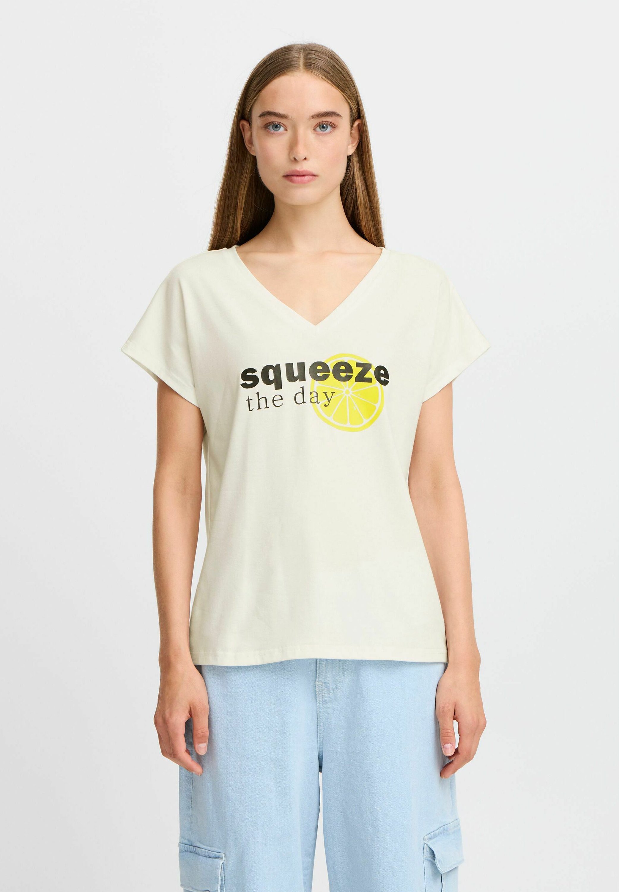 売れ筋商品|||イチ Tシャツ レディース トップス IXJANET - Print T-shirt - cloud dancer w lemon ICHI IXJANET - T-shirt print - cloud dancer w lemon/wit
